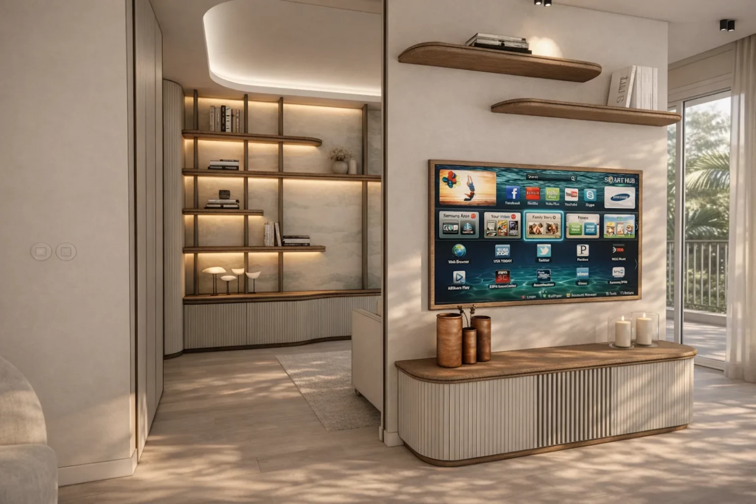 Salon de l’appartement Gallia à Cannes avec meuble TV sur mesure aux lignes arrondies, bibliothèque intégrée et aménagement intérieur fluide réalisé par Intérieurs à Croquer.