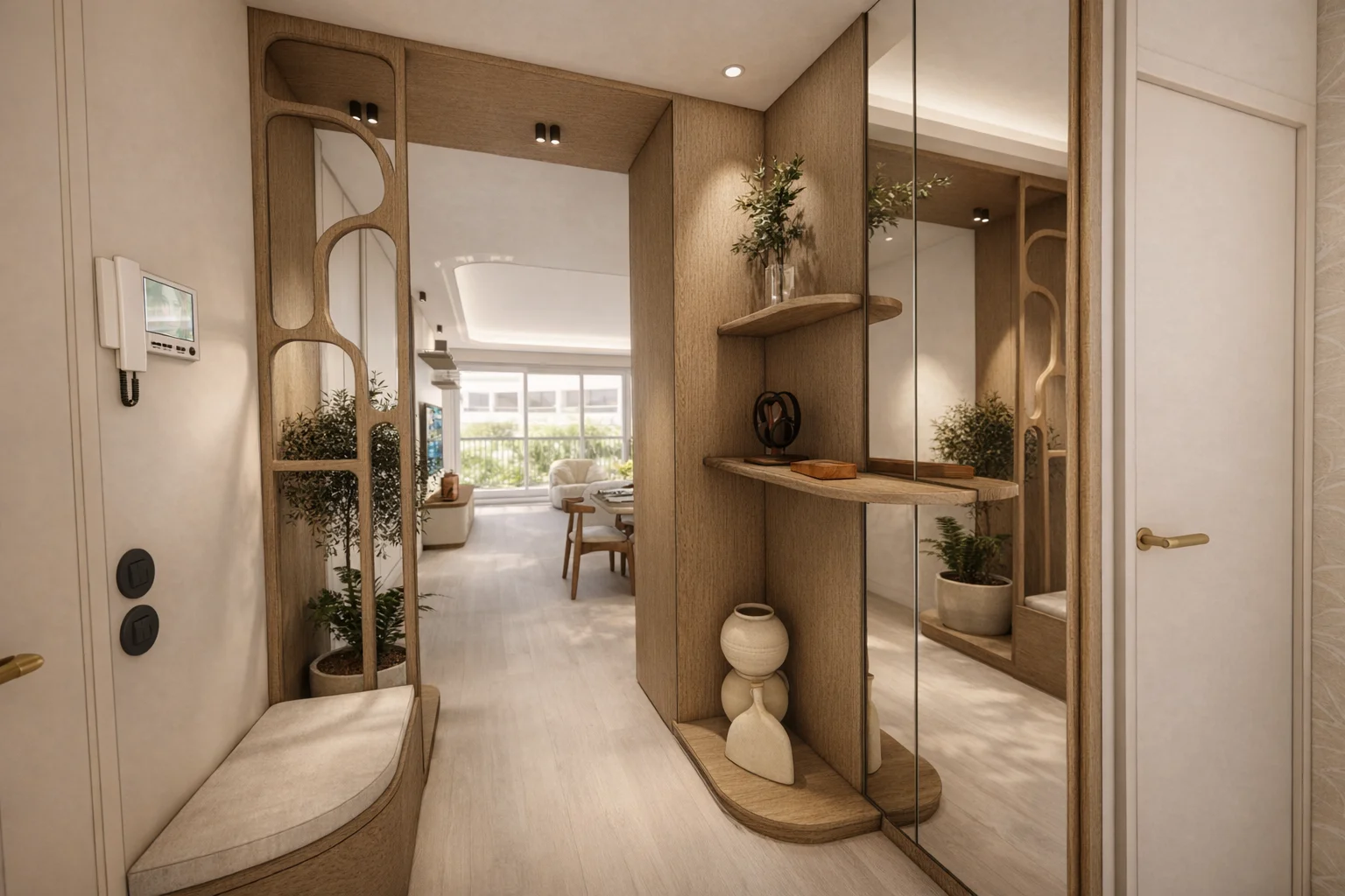 Entrée de l’appartement Gallia à Cannes avec mobilier sur mesure, miroir intégré, lignes arrondies et aménagement intérieur élégant réalisé par Intérieurs à Croquer.