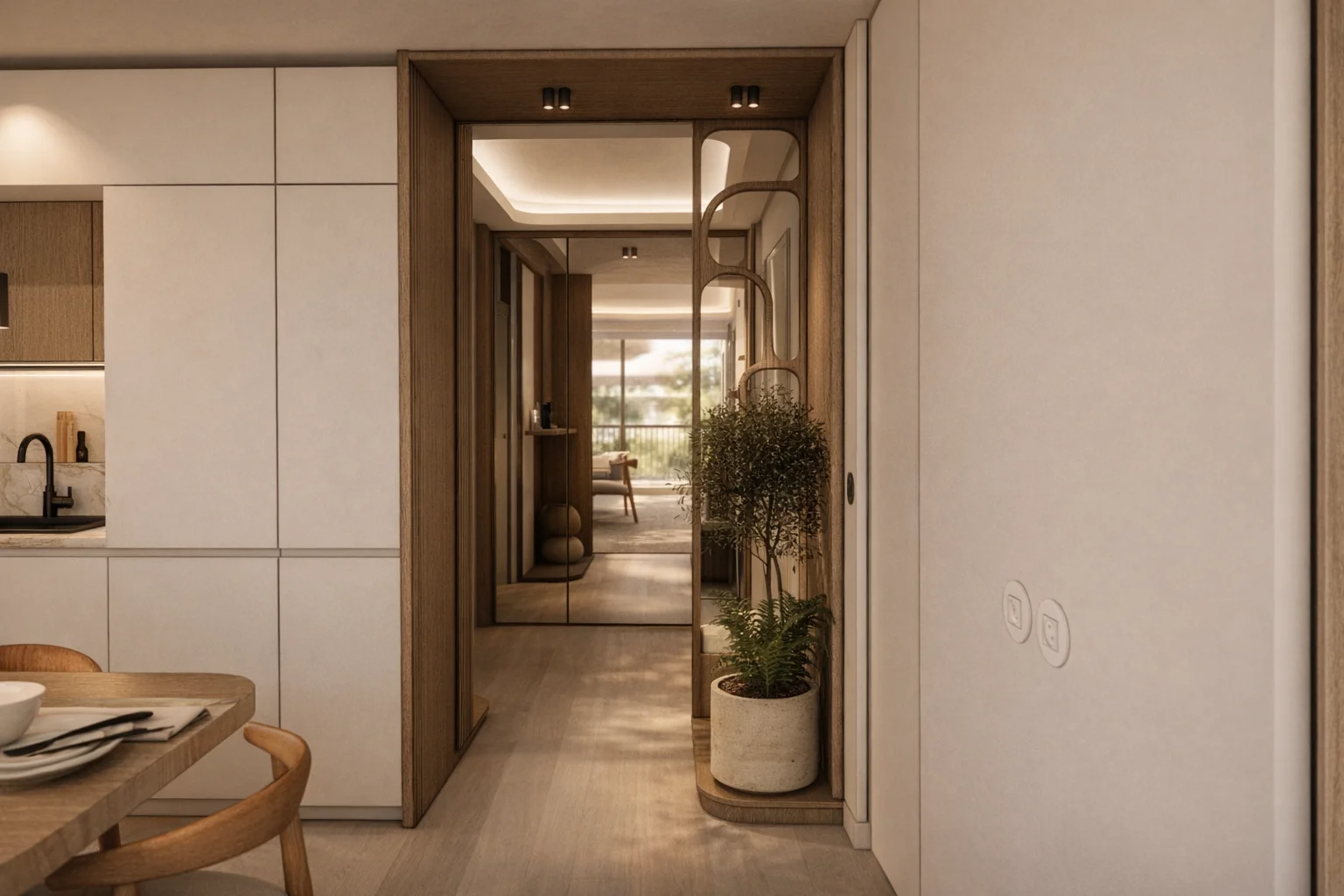 Vue intérieure de la reconfiguration de l’appartement Gallia à Cannes montrant la transition fluide entre l’entrée, la salle à manger et le salon avec aménagement sur mesure réalisé par Intérieurs à Croquer.