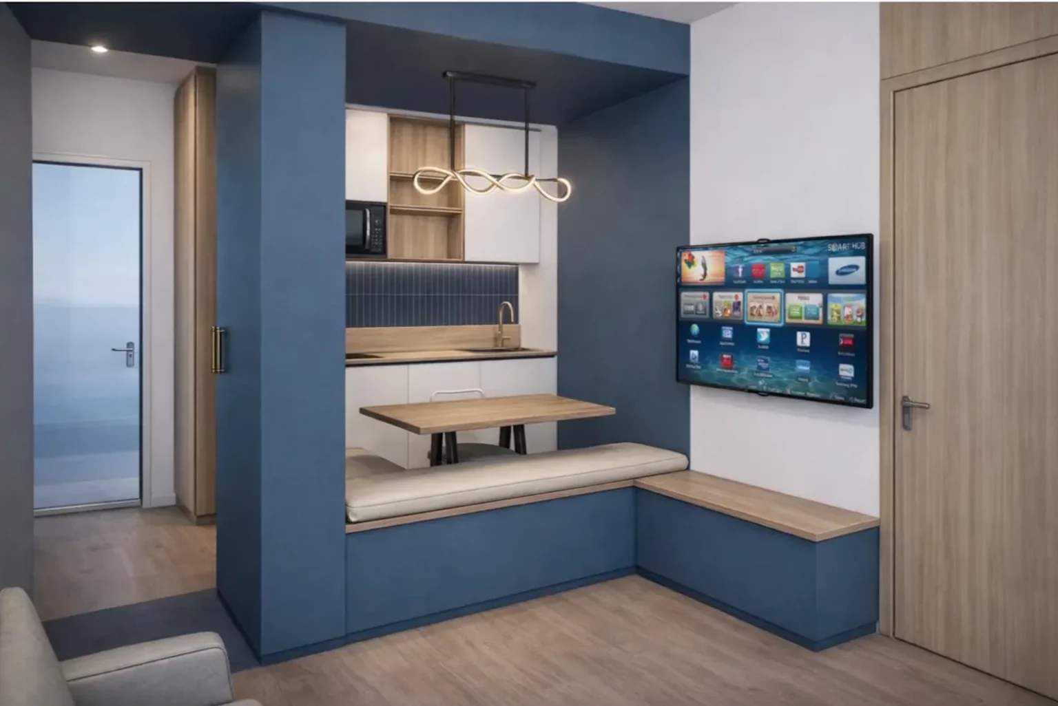 Projet IBIS à Mougins avec volume central intégrant cuisine, repas et rangements dans un espace optimisé signé Intérieurs à Croquer