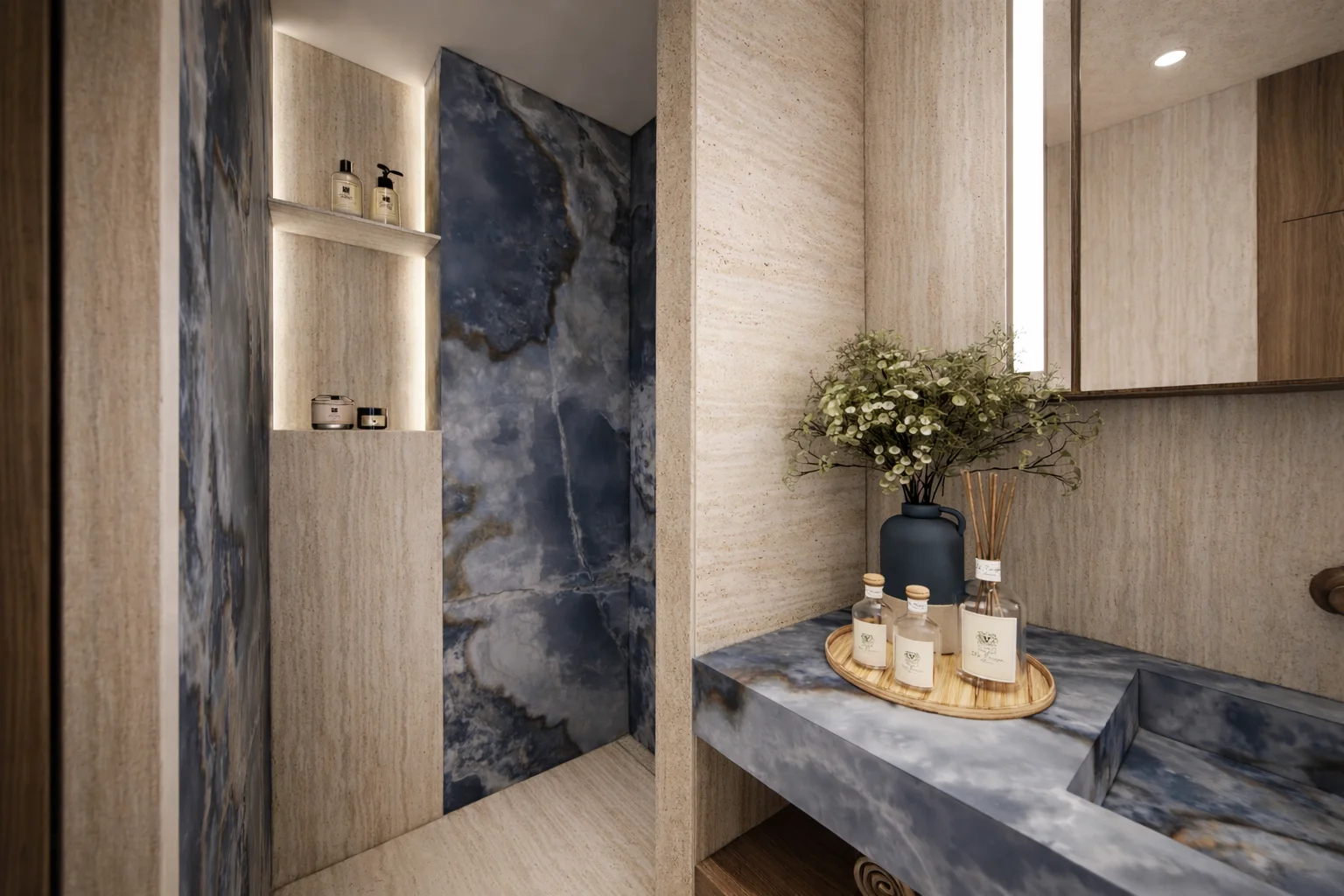 Salle de bain conçue par Intérieurs à Croquer pour le projet Le Gallia à Cannes, avec contraste minéral, pierre naturelle, vasque sur mesure et ambiance élégante.