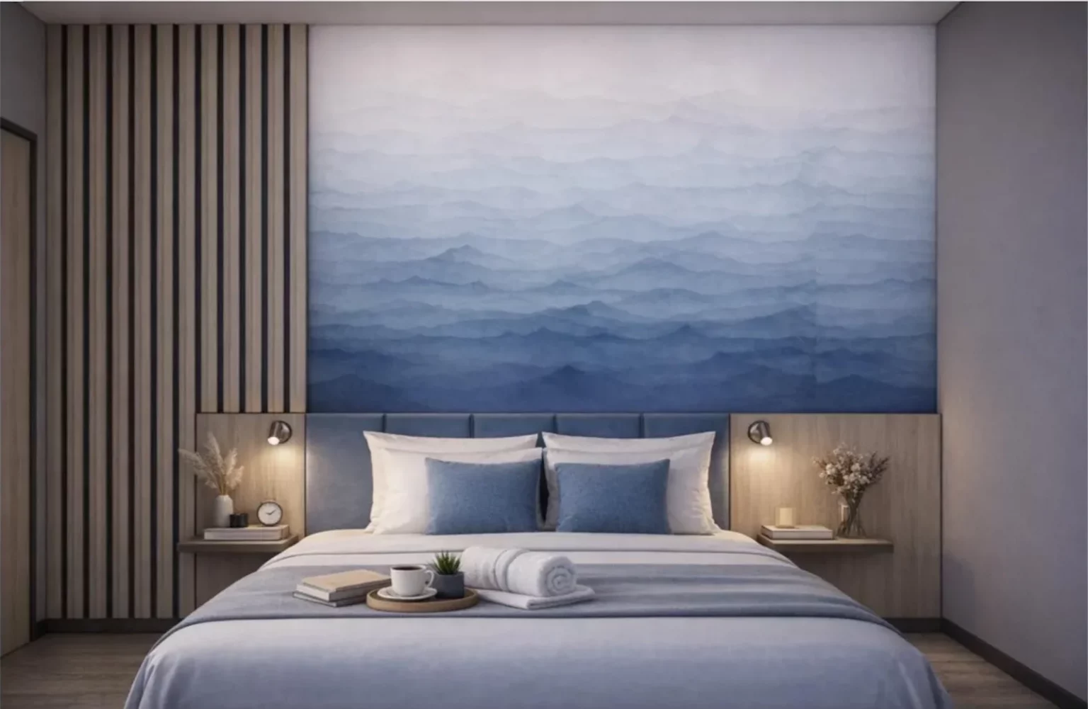 Chambre de la suite premium du projet IBIS à Mougins avec ambiance douce, tête de lit design et atmosphère reposante signée Intérieurs à Croquer