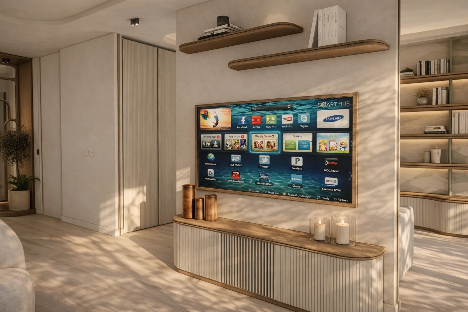 Meuble TV sur mesure de l’appartement Gallia à Cannes, conçu comme une pièce architecturale centrale avec lignes courbes, finitions bois et rangements intégrés, réalisé par Intérieurs à Croquer.