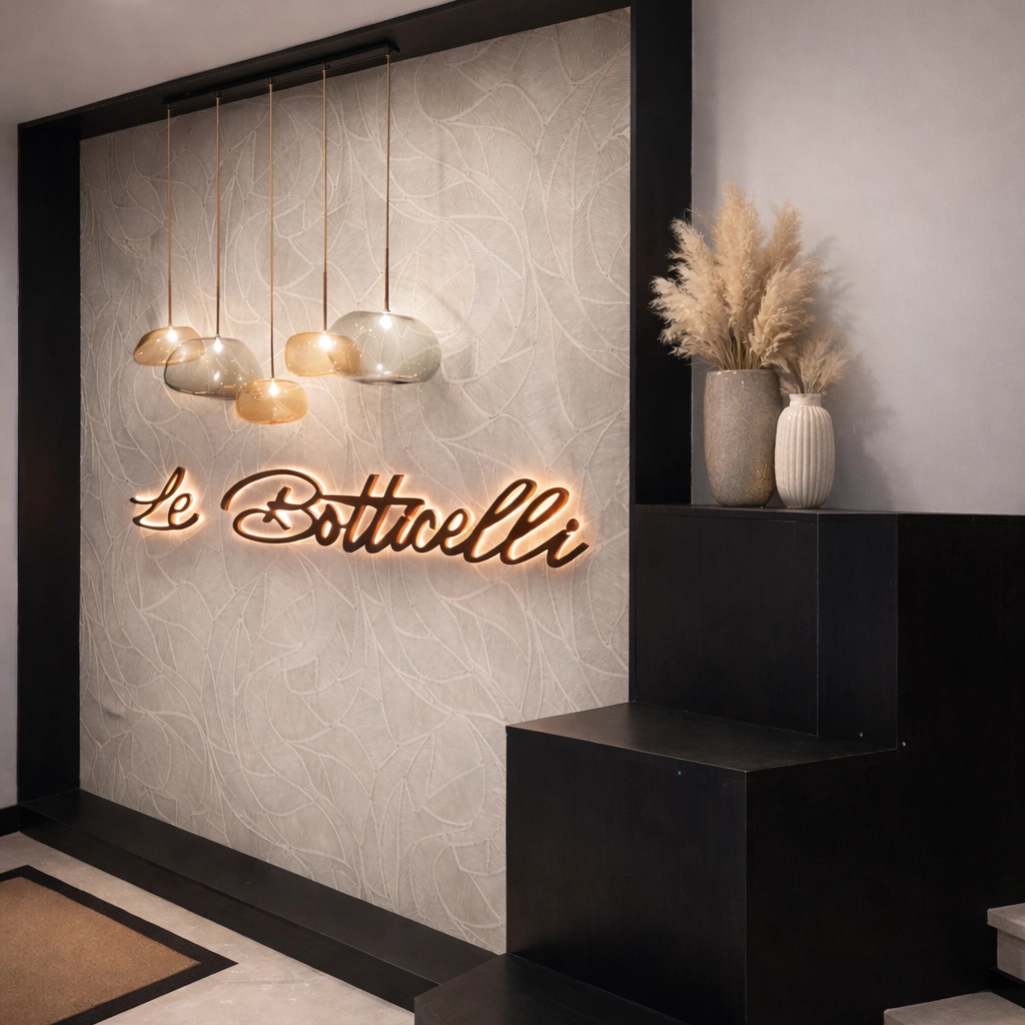 Hall d’immeuble à Monaco avec enseigne lumineuse Le Botticelli, suspensions design, revêtement mural texturé et décoration haut de gamme.
