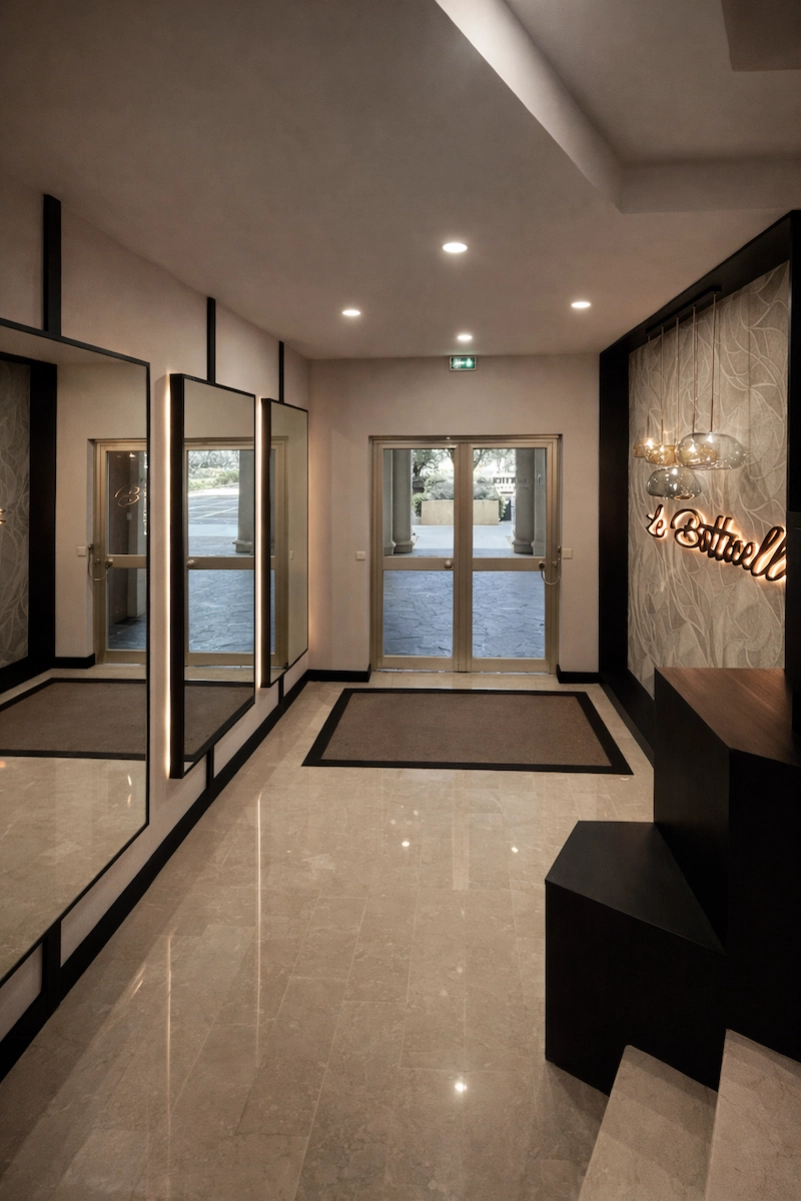 Hall d’entrée de résidence à Monaco avec miroirs monumentaux, sol en marbre, éclairage soigné et ambiance contemporaine élégante.
