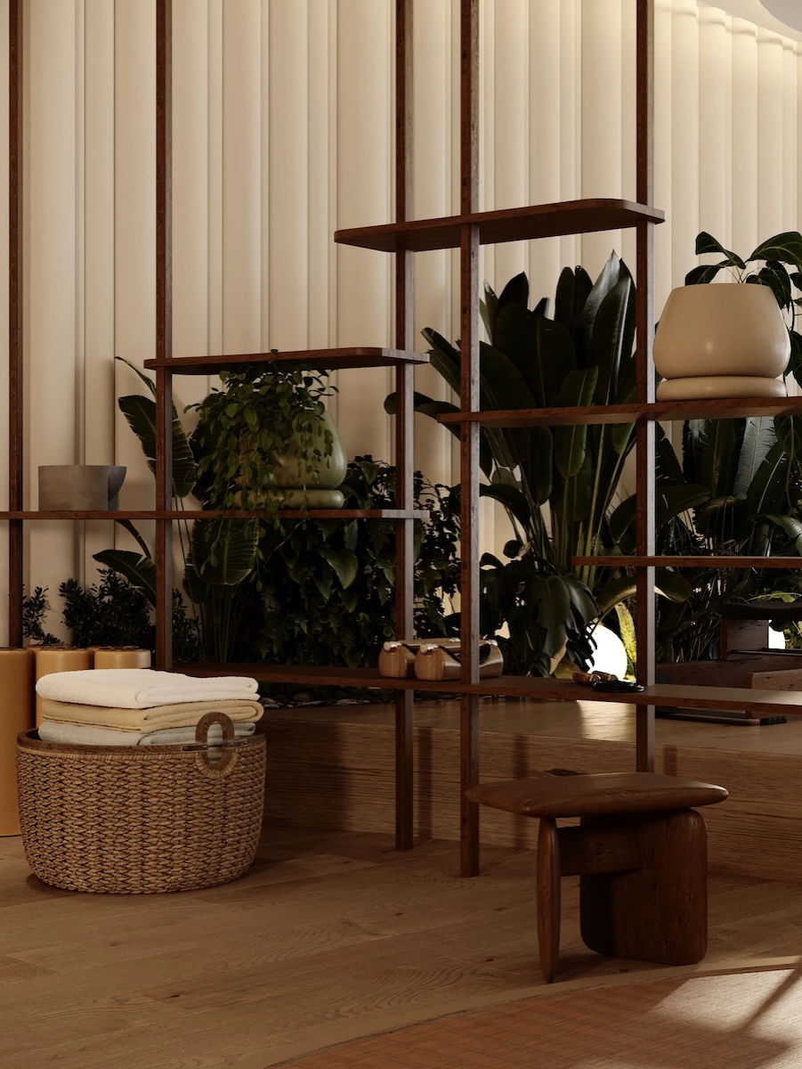 Détail d’un espace fitness privé à Monaco avec étagère design en bois, végétation intérieure, matières naturelles et ambiance haut de gamme.