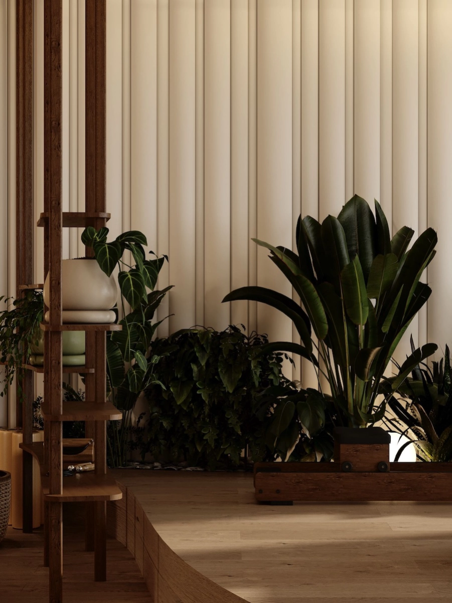 Détail d’un espace fitness privé à Monaco avec végétation intérieure, étagère en bois, matériaux nobles et architecture intérieure sur mesure.