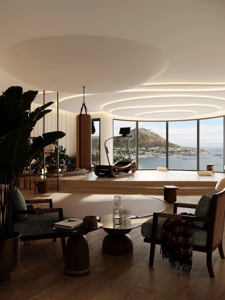 Espace fitness privé à Monaco avec salon lounge, vue mer panoramique, équipements design et architecture intérieure haut de gamme.