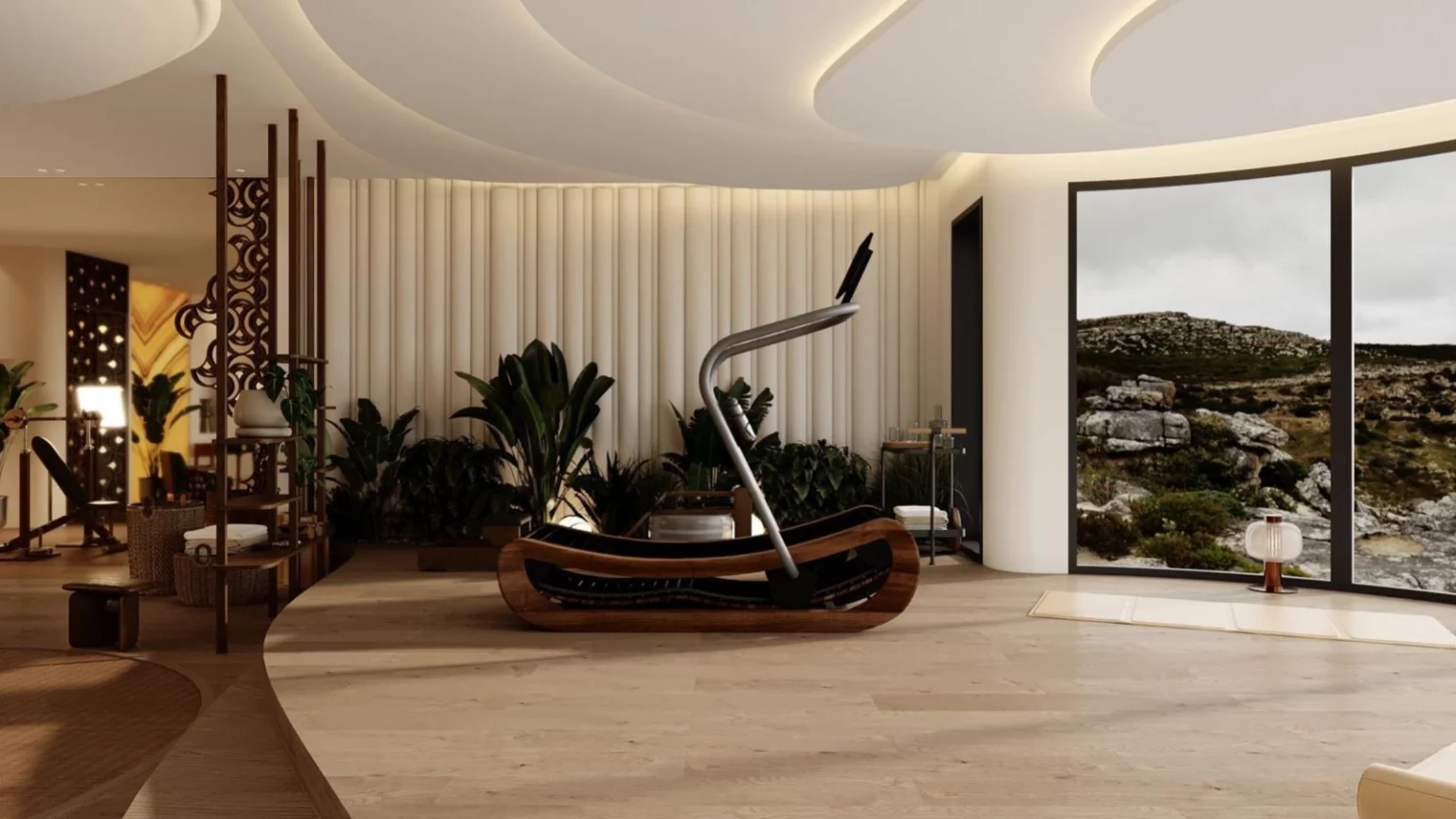 Espace fitness privé haut de gamme conçu dans une villa à Monaco avec architecture intérieure sur mesure, lignes courbes et ambiance bien-être.