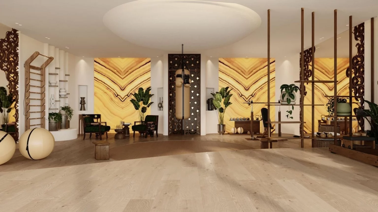 Salle de sport privée haut de gamme à Monaco avec architecture intérieure sur mesure, espace fitness immersif, matériaux nobles et ambiance bien-être.