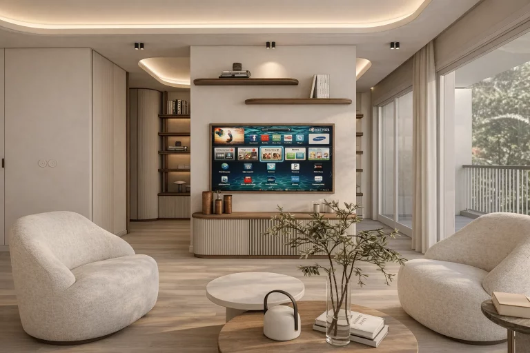 Salon de l’appartement Gallia à Cannes avec meuble TV sur mesure, bibliothèque intégrée sur mesure, fauteuils design et architecture intérieure réalisée par Intérieurs à Croquer.