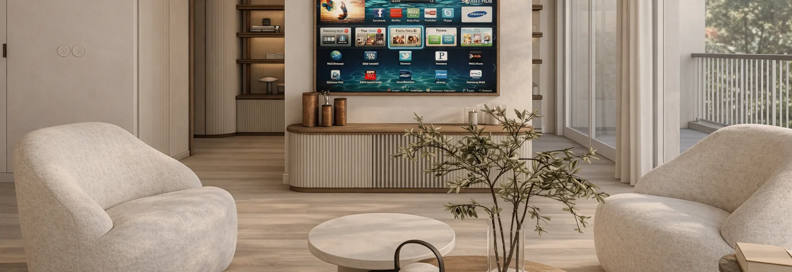 Salon rénové de l’appartement Gallia à Cannes par Intérieurs à Croquer, avec mobilier sur mesure, lignes courbes, matières naturelles et ambiance contemporaine.