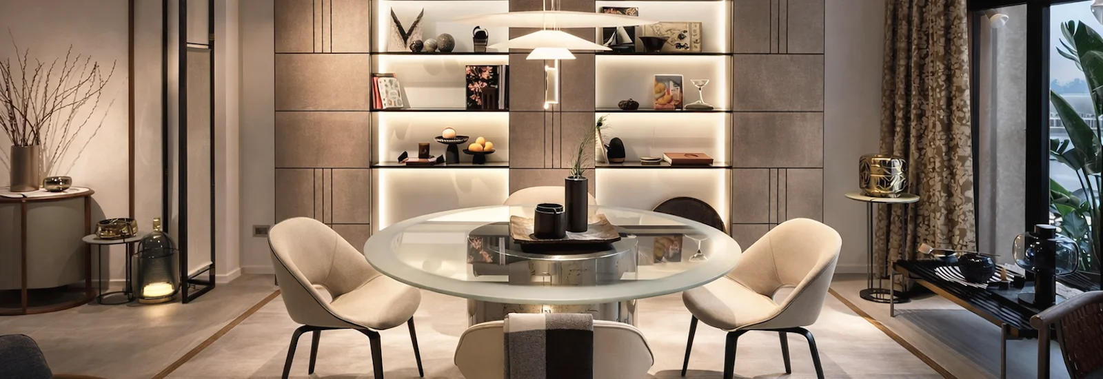 Présentation d'une salle à manger design du showroom Garbarino à Monaco avec table ronde en verre, fauteuils élégants et bibliothèque murale lumineuse réalisée. Décoration réalisée par Intérieurs à Croquer.
